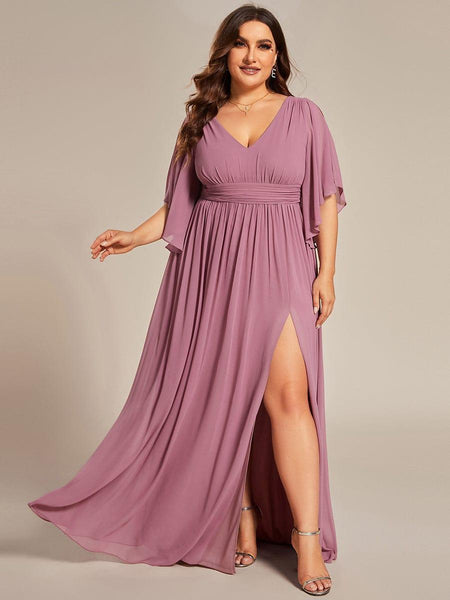 purple spring dress plus size Plus Size Formal Lace Satin Purple V Neck Long Sleeve Split See Through Maxi Dresses
