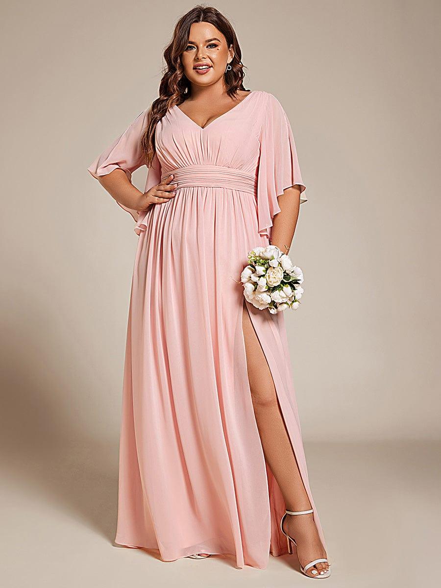 Plus Size Half Sleeve Pleated A-Line V-Neck Chiffon Bridesmaid Dress #color_Pink