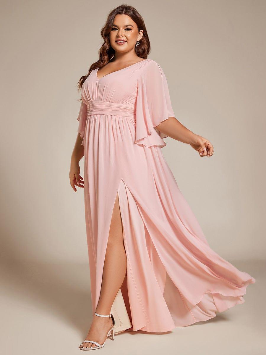 Plus Size Half Sleeve Pleated A-Line V-Neck Chiffon Bridesmaid Dress #color_Pink
