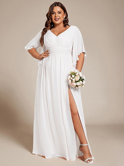 Plus Size Half Sleeve Pleated A-Line V-Neck Chiffon Bridesmaid Dress #color_White