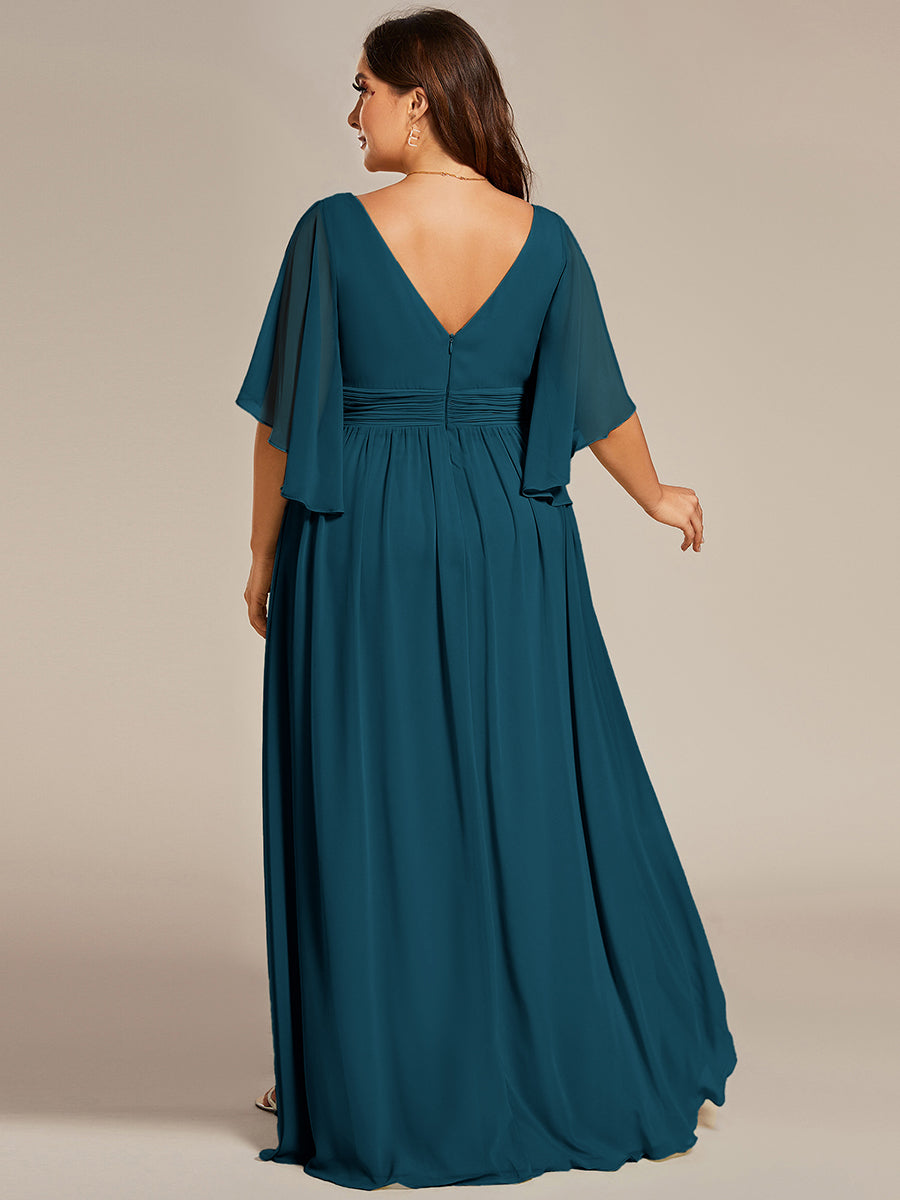 Half Sleeve V-Neck Pleated High Slit A-Line Chiffon Bridesmaid Dress #color_Teal Blue