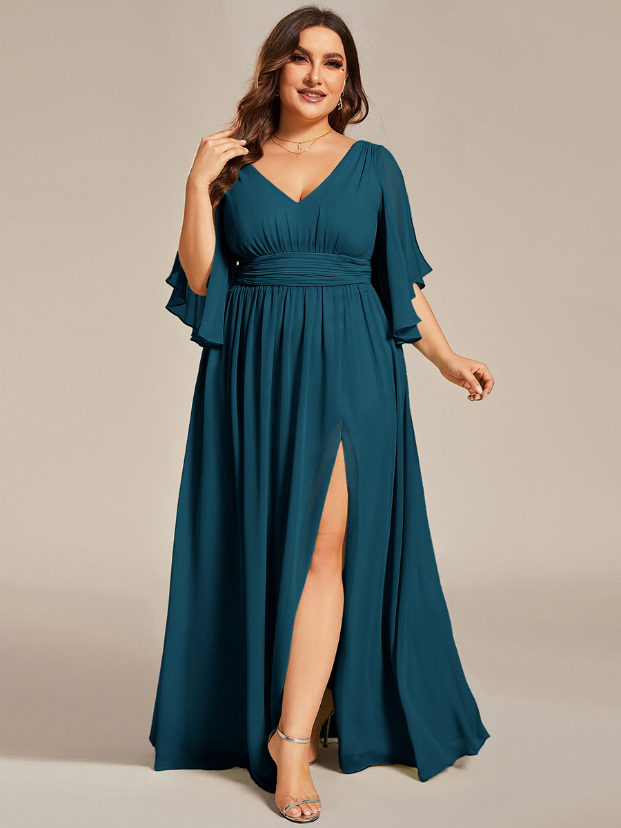 Plus Size Printed Half Sleeve Pleated A-Line Chiffon Wedding Guest Dress #color_Teal Blue