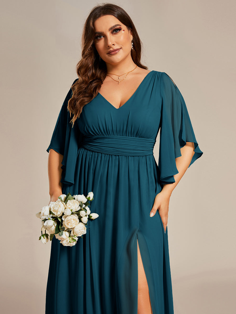 Plus Size Printed Half Sleeve Pleated A-Line Chiffon Wedding Guest Dress #color_Teal Blue