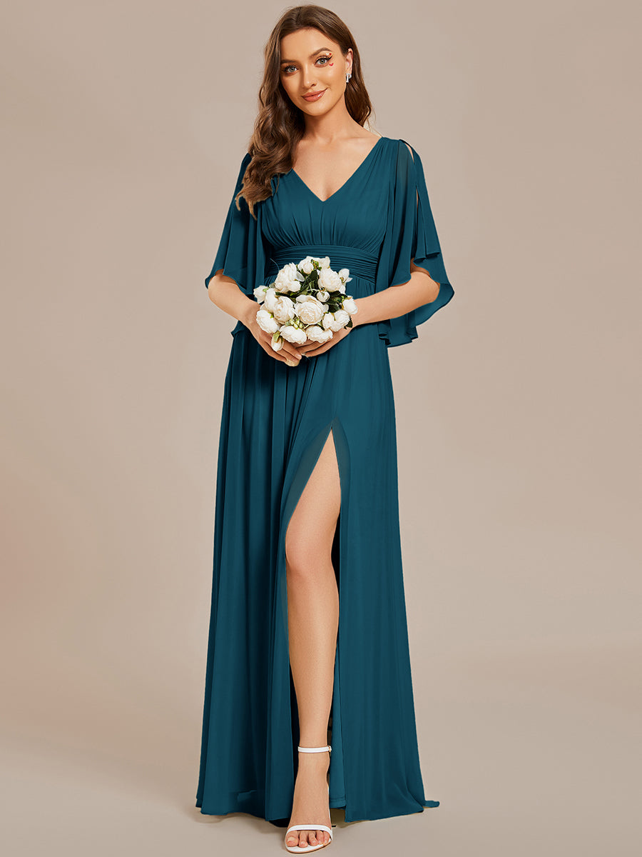 Half Sleeve V-Neck Pleated High Slit A-Line Chiffon Bridesmaid Dress #color_Teal Blue