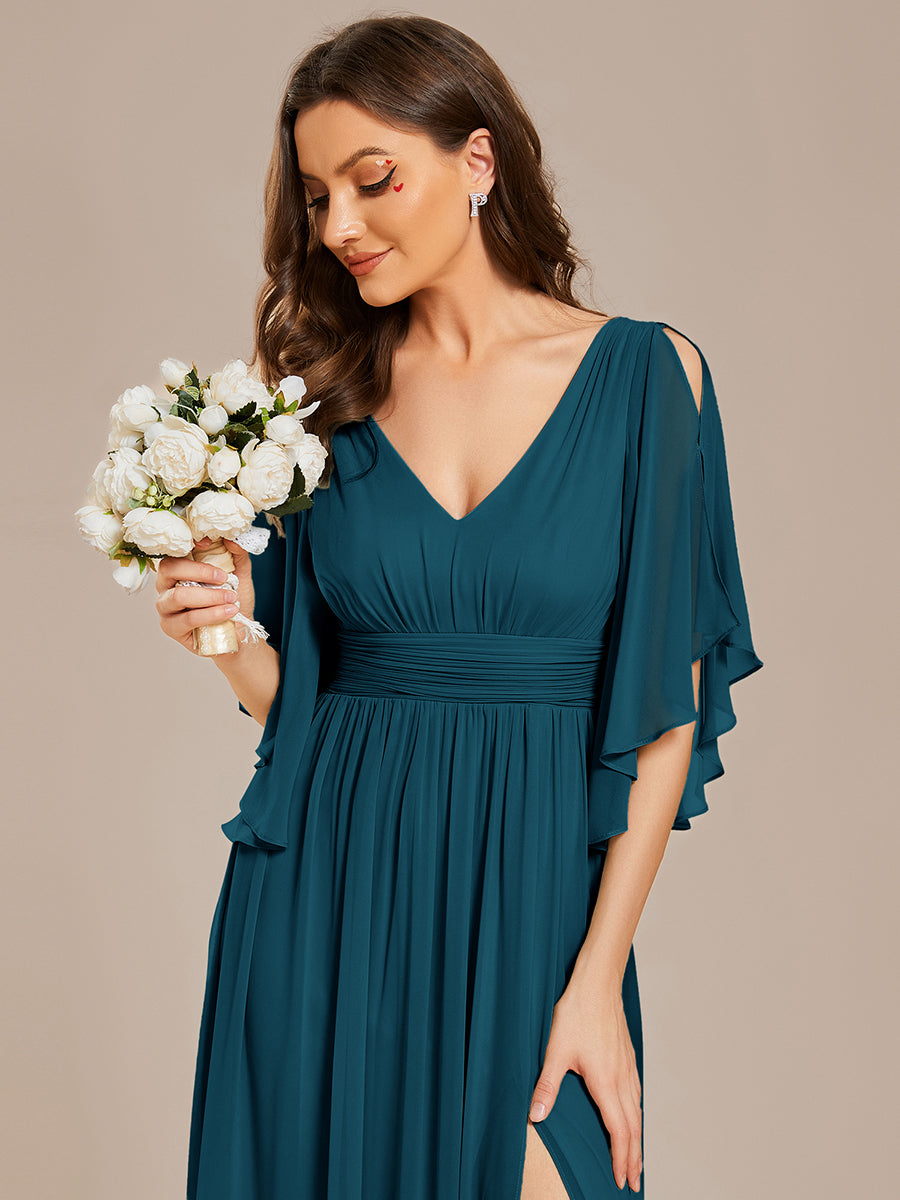 Half Sleeve V-Neck Pleated High Slit A-Line Chiffon Bridesmaid Dress #color_Teal Blue