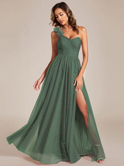 Sweetheart Neckline One Shoulder with Floral Tulle High Slit Bridesmaid Dress #color_Eucalyptus