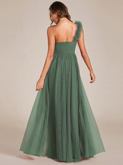 Sweetheart Neckline One Shoulder with Floral Tulle High Slit Bridesmaid Dress #color_Eucalyptus