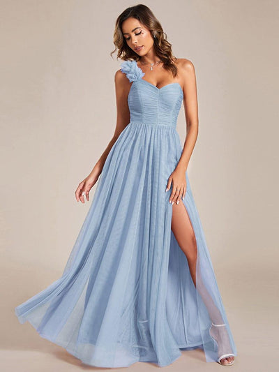 Sweetheart Neckline One Shoulder with Floral Tulle High Slit Bridesmaid Dress #color_Light Blue