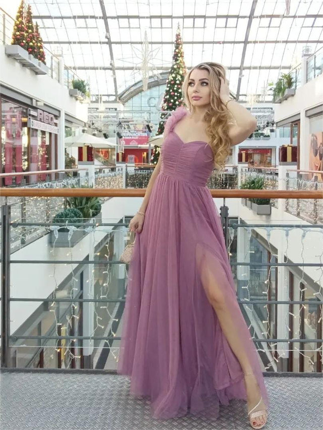 ever CLOE|Sweetheart Neckline One Shoulder with Floral Tulle High Slit Bridesmaid Dress Fan Photos 1

