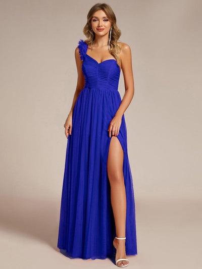 Sweetheart Neckline One Shoulder with Floral Tulle High Slit Bridesmaid Dress #color_Sapphire Blue