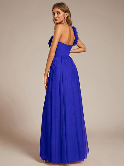 Sweetheart Neckline One Shoulder with Floral Tulle High Slit Bridesmaid Dress #color_Sapphire Blue