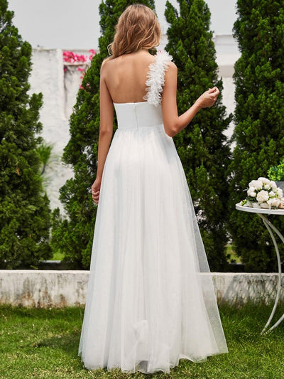 Sweetheart Neckline One Shoulder with Floral Tulle High Slit Bridesmaid Dress #color_White