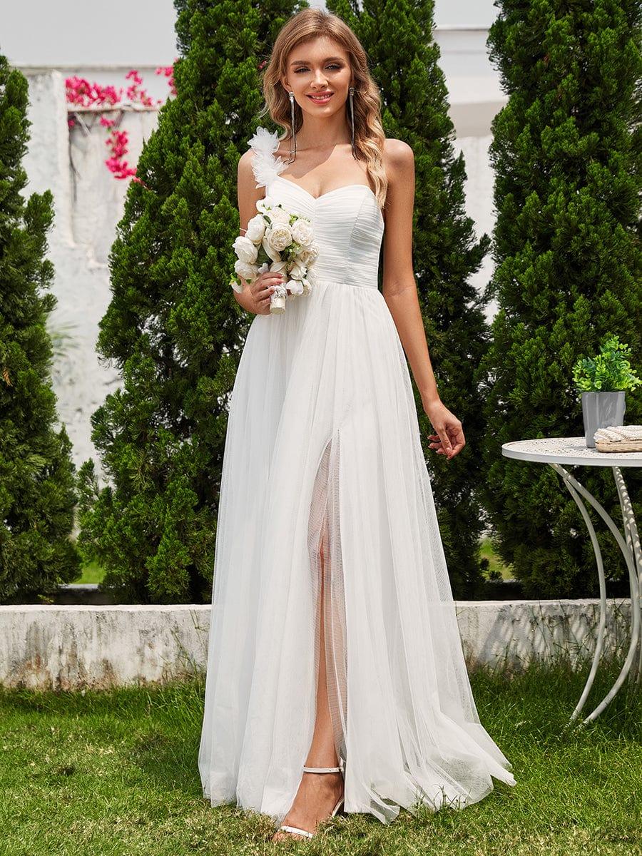 Sweetheart Neckline One Shoulder with Floral Tulle High Slit Bridesmaid Dress #color_White