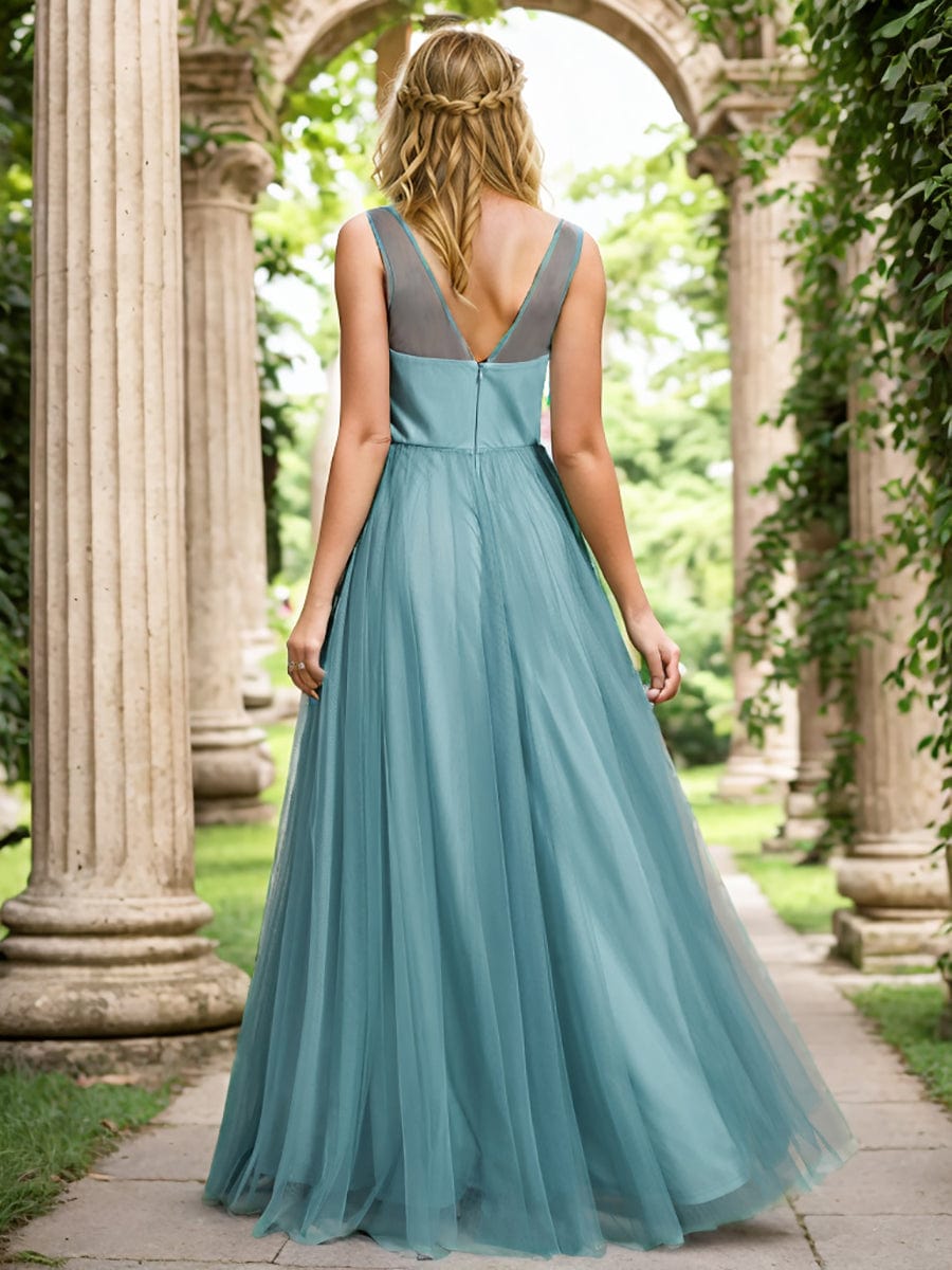 See-Through Shoulder Strap Flower Decoration Tulle Bridesmaid Dress #color_Dusty Blue