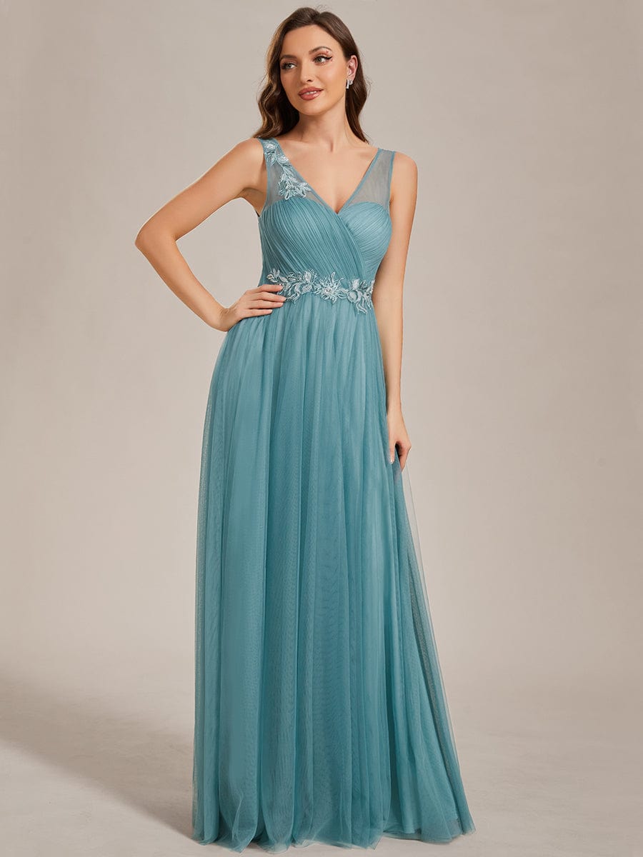 See-Through Shoulder Strap Flower Decoration Tulle Bridesmaid Dress