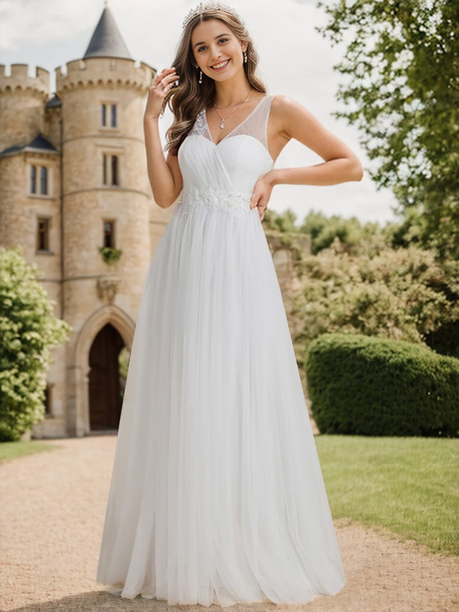 See-Through Shoulder Strap Flower Decoration Tulle Bridesmaid Dress