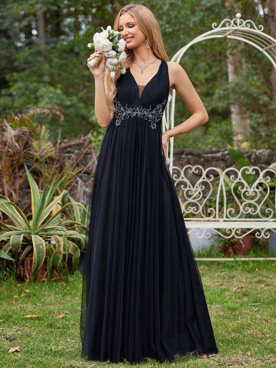 Sleeveless Waist Applique Cross-Back Straps Tulle Bridesmaid Dress #color_Black