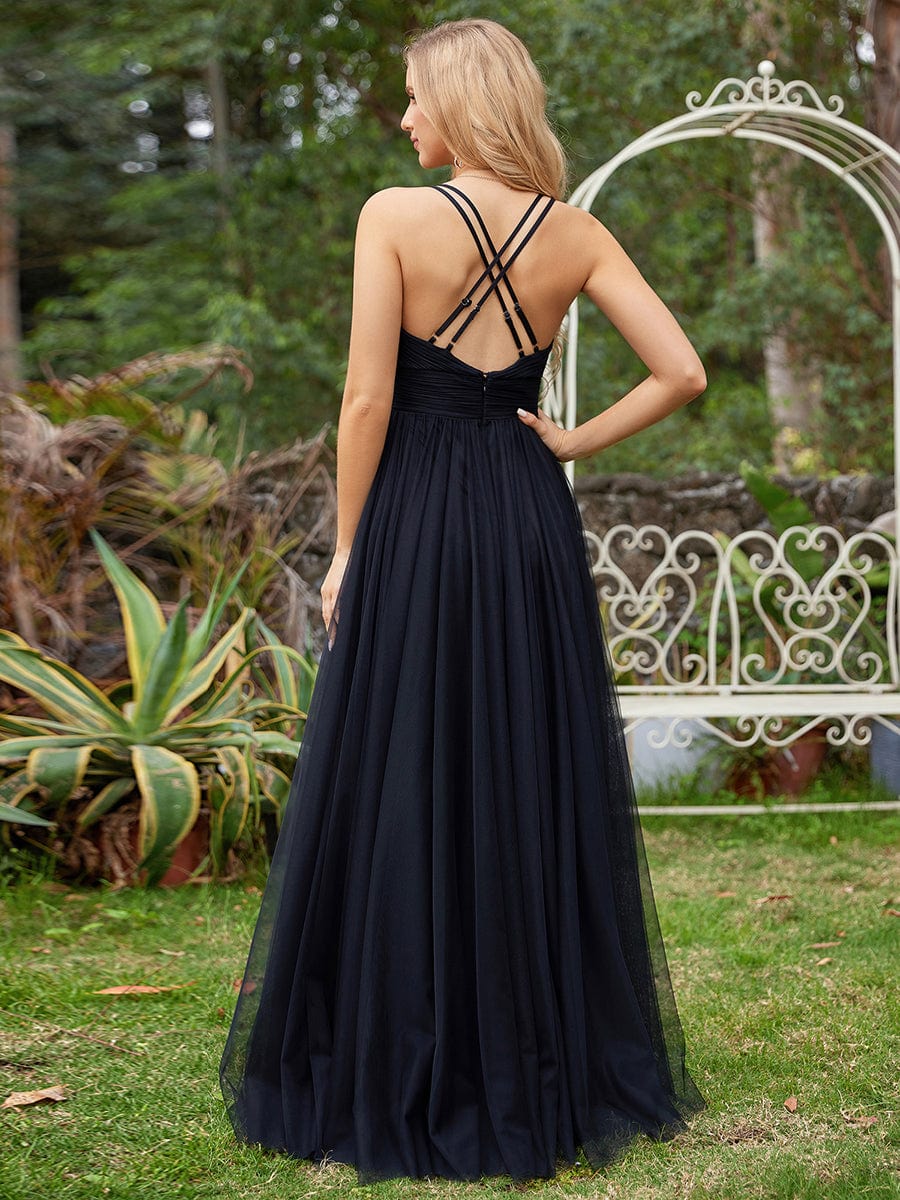 Sleeveless Waist Applique Cross-Back Straps Tulle Bridesmaid Dress #color_Black