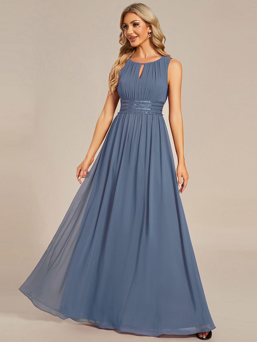 Simple Sleeveless A-line Chiffon Bridesmaid Dress with Hollow Out Detail #color_Dusty Blue