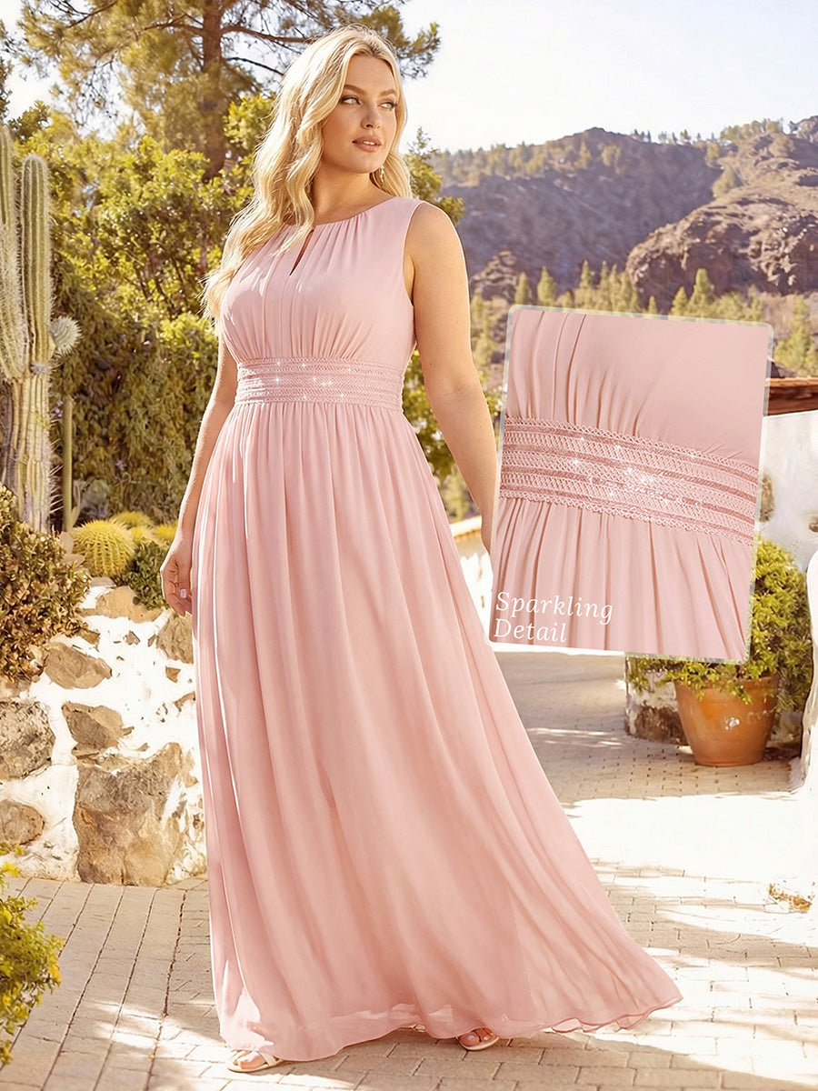 Plus Size Hollow Out Sleeveless Empire Waist Chiffon Bridesmaid Dress #color_Pink
