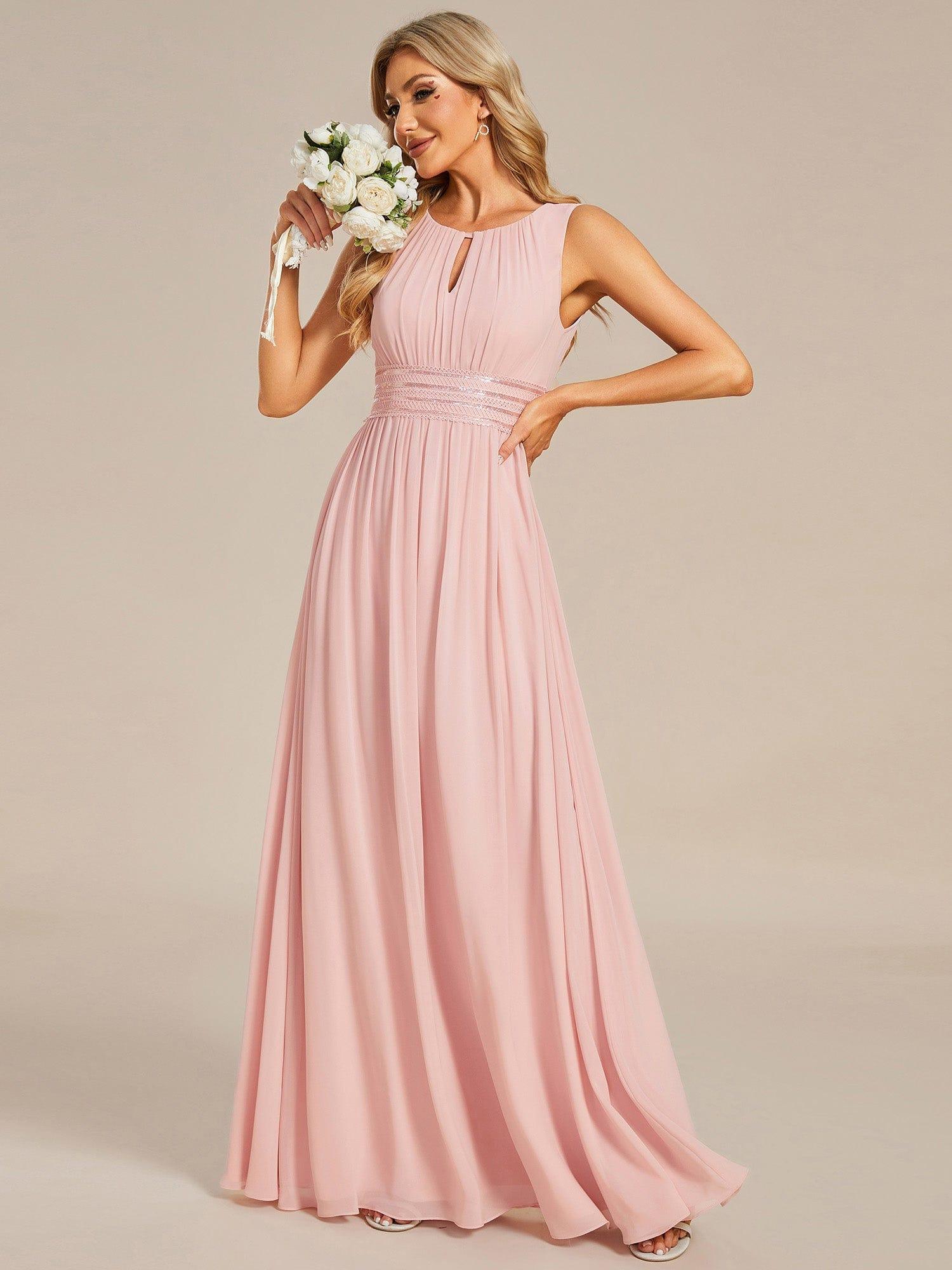 Simple Sleeveless A-line Chiffon Bridesmaid Dress with Hollow Out Detail #color_Pink