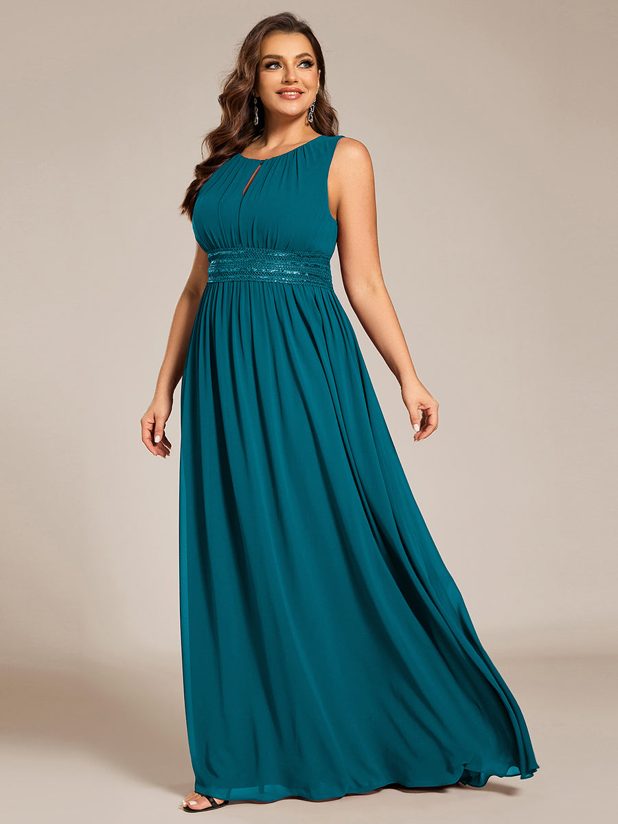 Plus Size Hollow Out Sleeveless Empire Waist Chiffon Bridesmaid Dress #color_Teal Blue