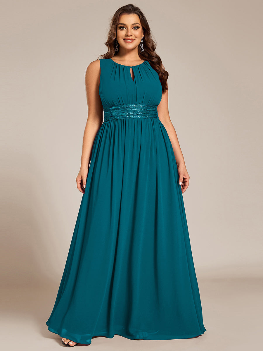 Plus Size Hollow Out Sleeveless Empire Waist Chiffon Bridesmaid Dress #color_Teal Blue