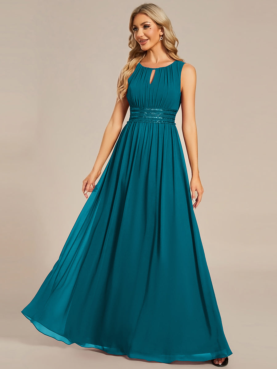 Hollow Out Sleeveless Maxi Wedding Guest Dress #color_Teal Blue