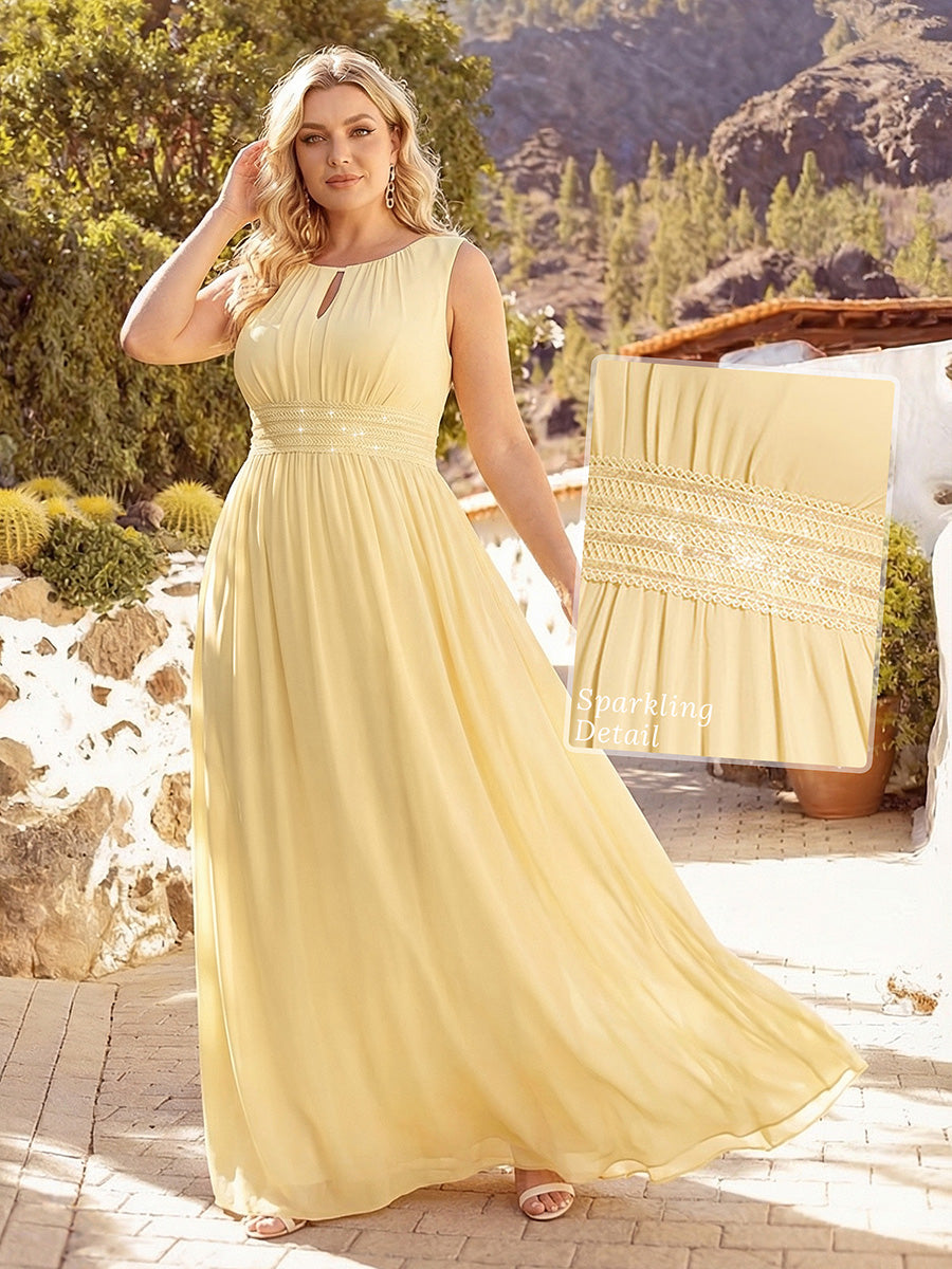 Plus Size Hollow Out Sleeveless Empire Waist Chiffon Bridesmaid Dress #color_Yellow