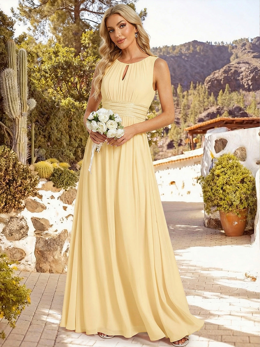 Plus Size Hollow Out Sleeveless Empire Waist Chiffon Bridesmaid Dress #color_Yellow