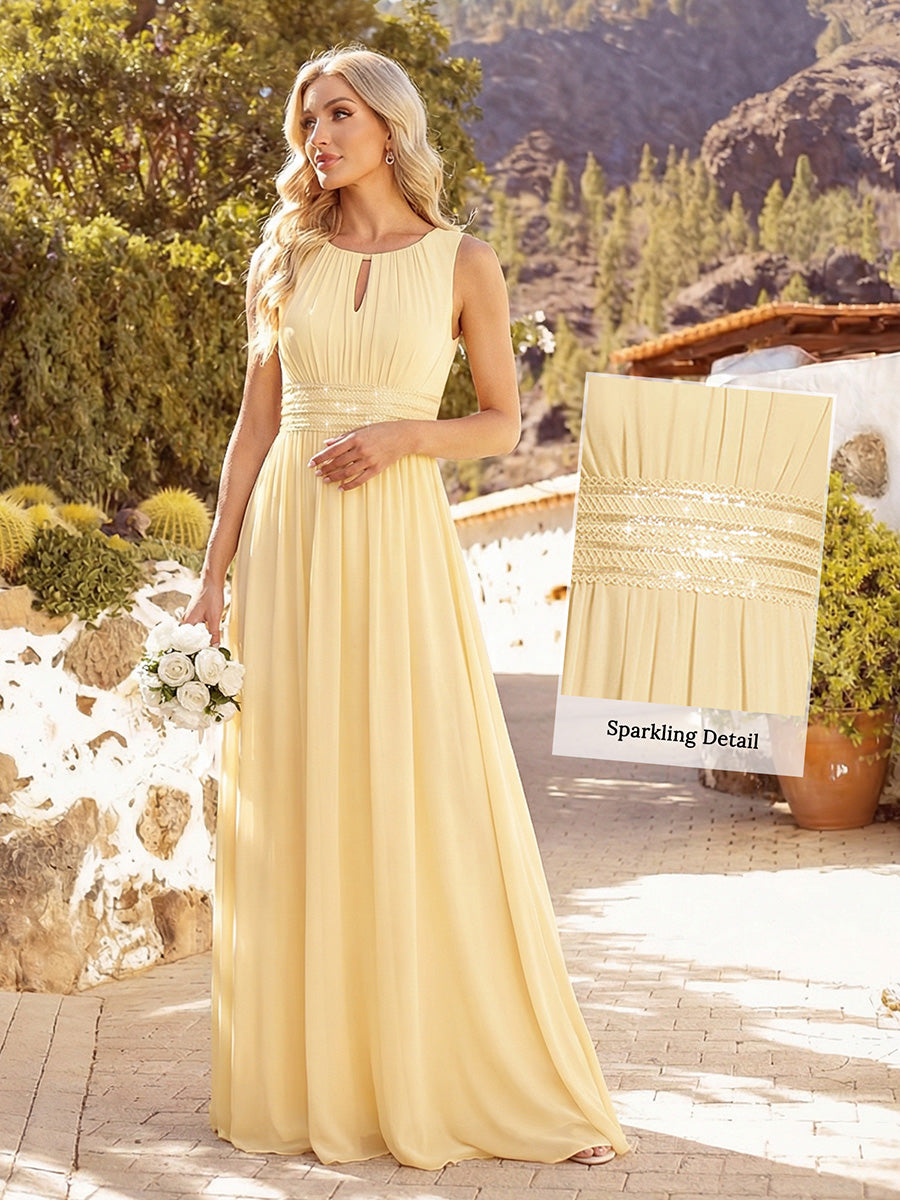 Plus Size Hollow Out Sleeveless Empire Waist Chiffon Bridesmaid Dress #color_Yellow