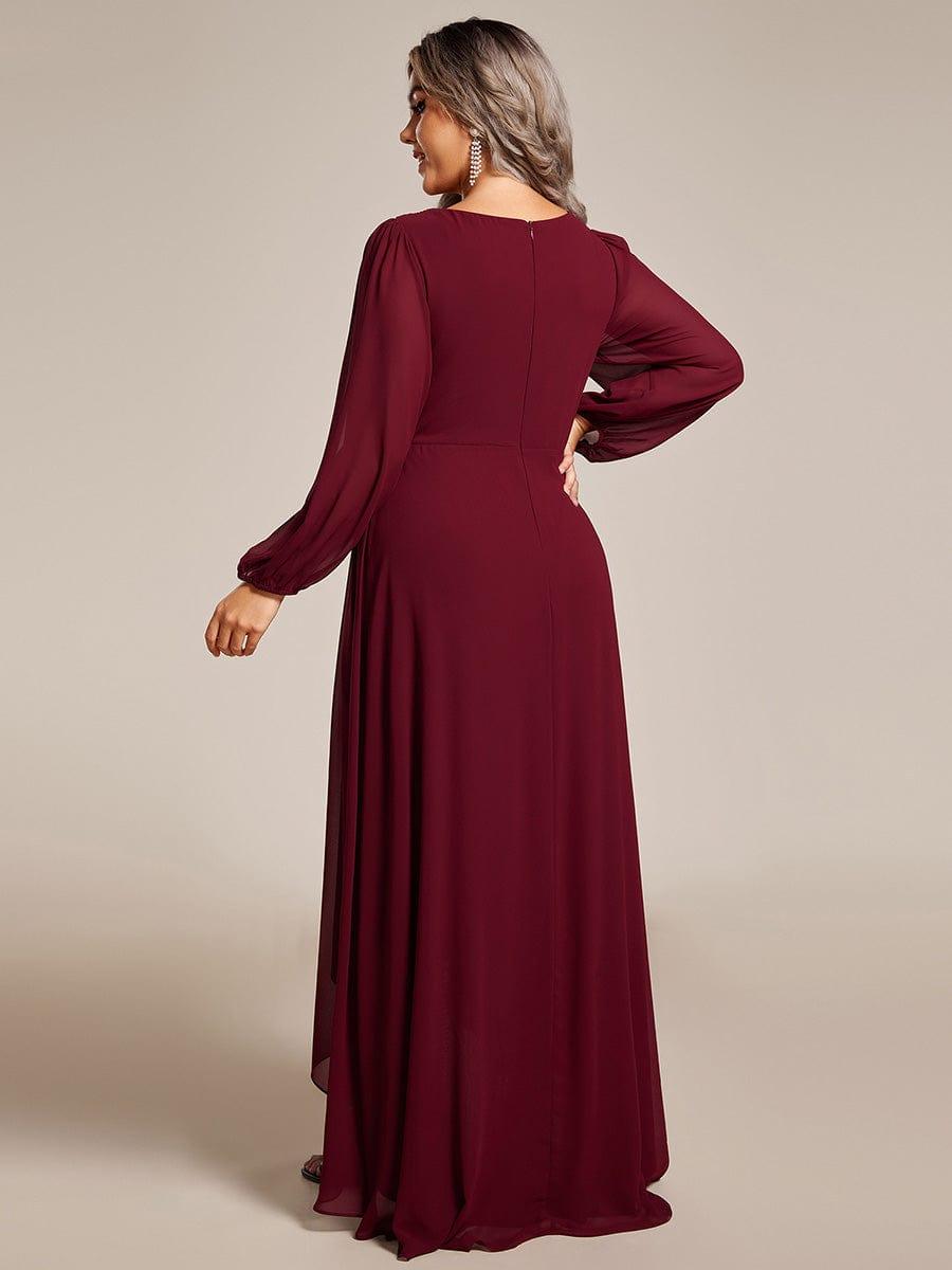 Plus Size V-Neck Long Lantern Sleeves A-Line Chiffon Bridesmaid Dress #color_Burgundy