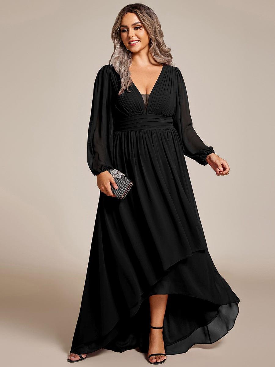Plus Size V-Neck Long Lantern Sleeves A-Line Chiffon Bridesmaid Dress #color_Black