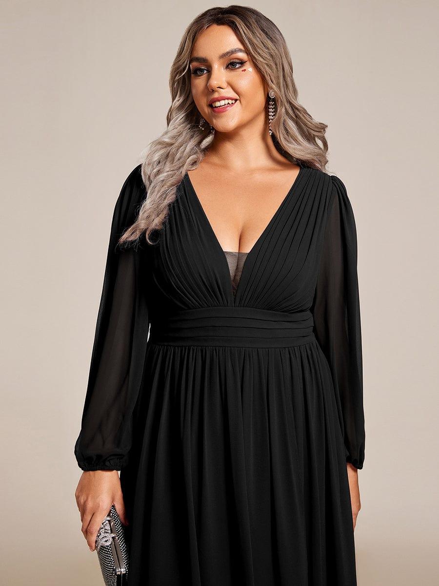 Plus Size V-Neck Long Lantern Sleeves A-Line Chiffon Bridesmaid Dress #color_Black