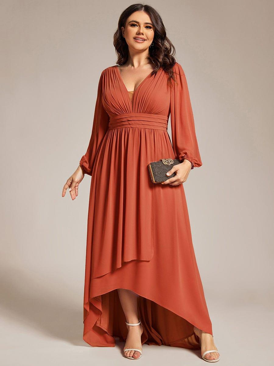 Plus Size V-Neck Long Lantern Sleeves A-Line Chiffon Bridesmaid Dress #color_Burnt Orange