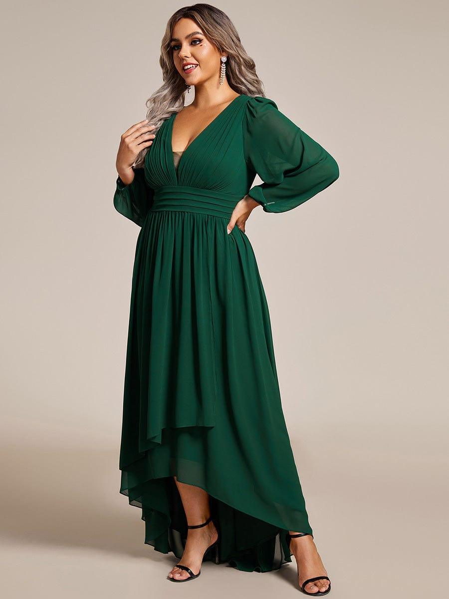 Plus Size V-Neck Long Lantern Sleeves A-Line Chiffon Bridesmaid Dress #color_Dark Green