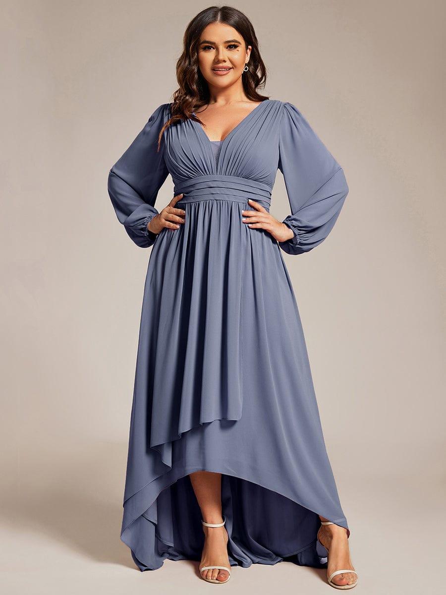 Plus Size V-Neck Long Lantern Sleeves A-Line Chiffon Bridesmaid Dress #color_Dusty Blue