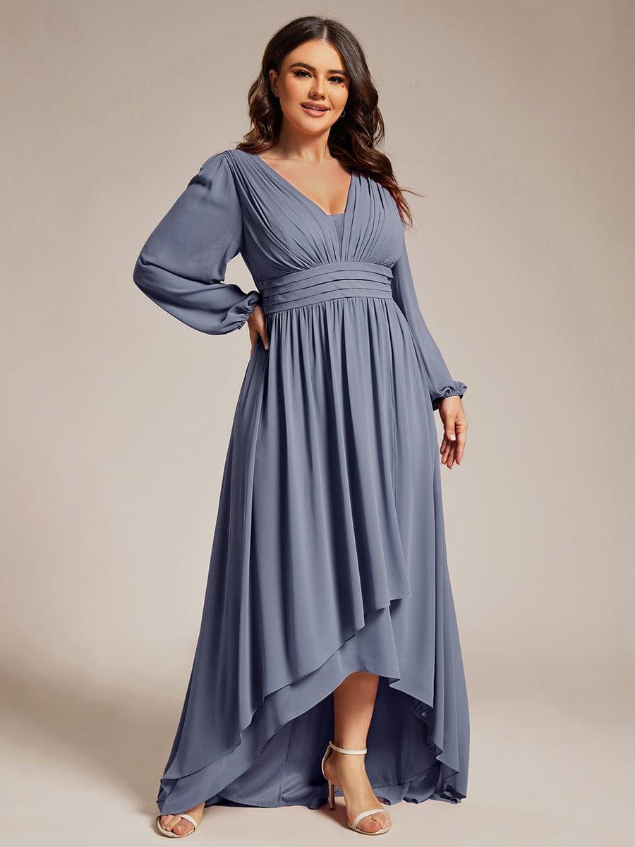 Plus Size V-Neck Long Lantern Sleeves A-Line Chiffon Bridesmaid Dress #color_Dusty Blue