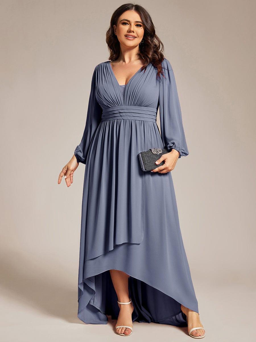 Plus Size V-Neck Long Lantern Sleeves A-Line Chiffon Bridesmaid Dress #color_Dusty Blue