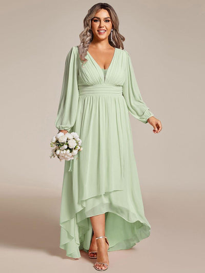 Plus Size V-Neck Long Lantern Sleeves A-Line Chiffon Bridesmaid Dress #color_Mint Green