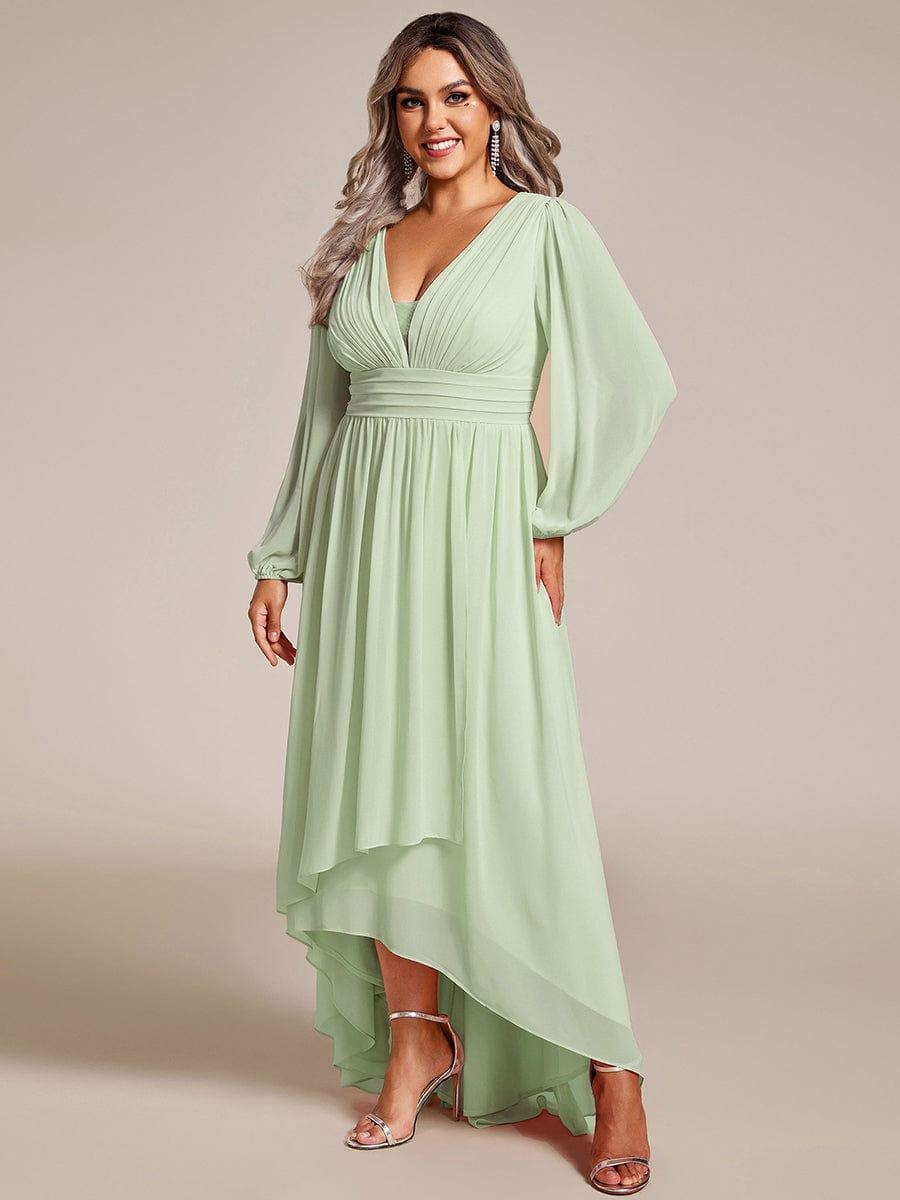 Plus Size V-Neck Long Lantern Sleeves A-Line Chiffon Bridesmaid Dress #color_Mint Green