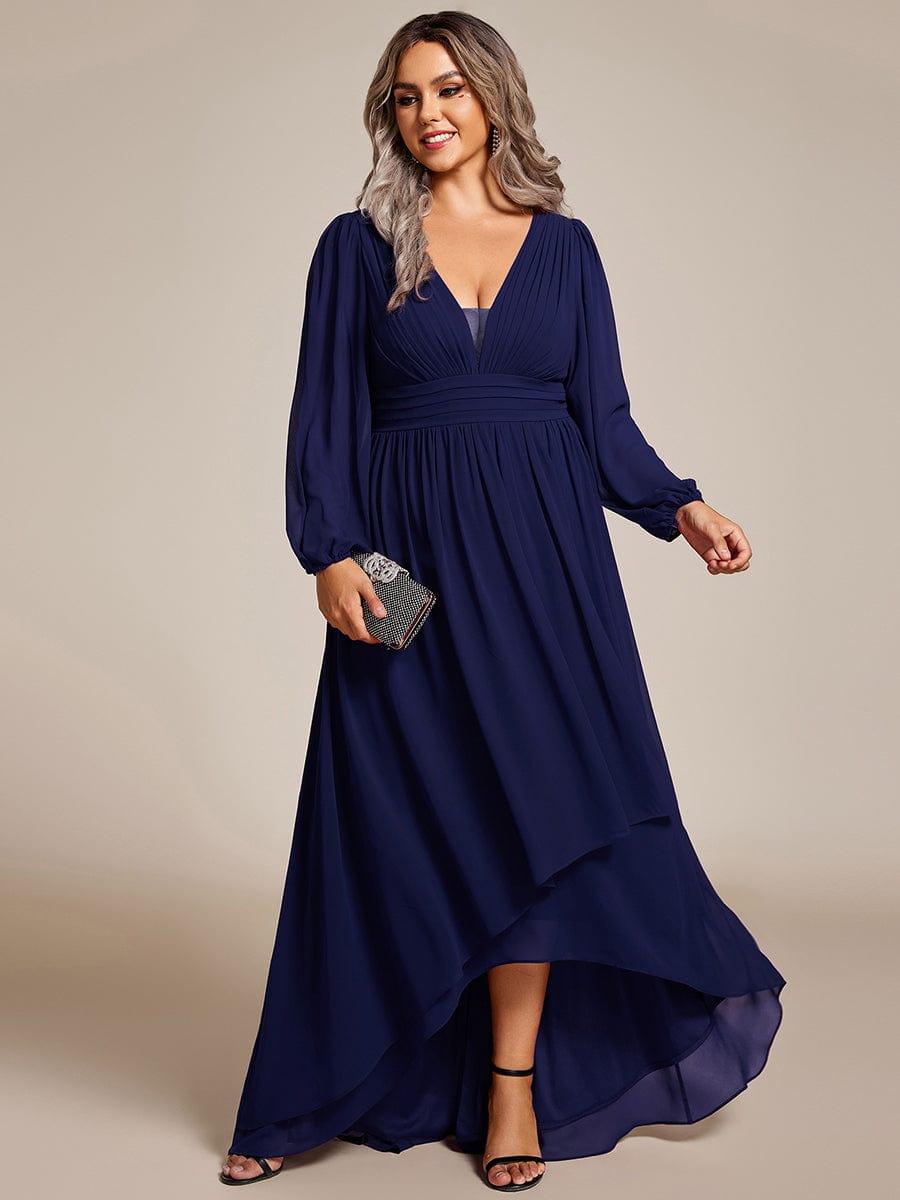 Plus Size V-Neck Long Lantern Sleeves A-Line Chiffon Bridesmaid Dress #color_Navy Blue