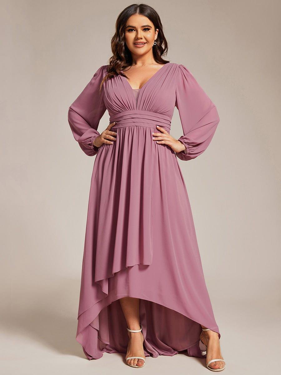 Plus Size V-Neck Long Lantern Sleeves A-Line Chiffon Bridesmaid Dress #color_Purple Orchid