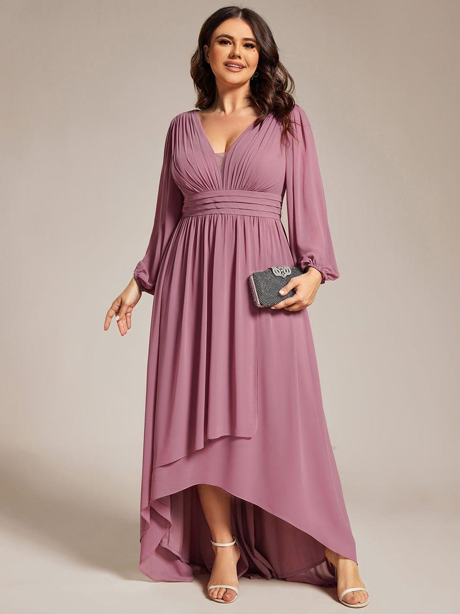 Plus Size V-Neck Long Lantern Sleeves A-Line Chiffon Bridesmaid Dress #color_Purple Orchid