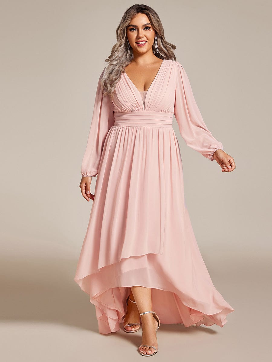 Plus Size V-Neck Long Lantern Sleeves A-Line Chiffon Bridesmaid Dress #color_Pink