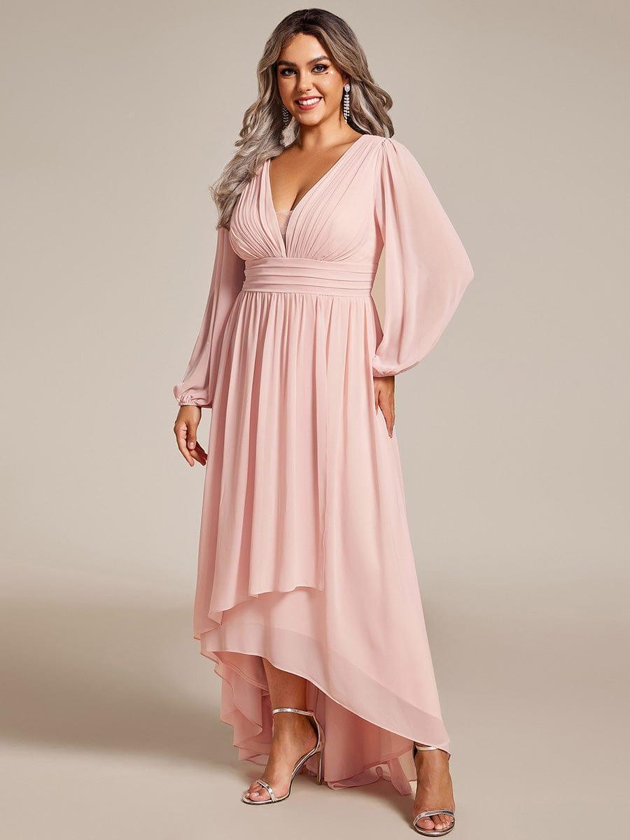 Plus Size V-Neck Long Lantern Sleeves A-Line Chiffon Bridesmaid Dress #color_Pink