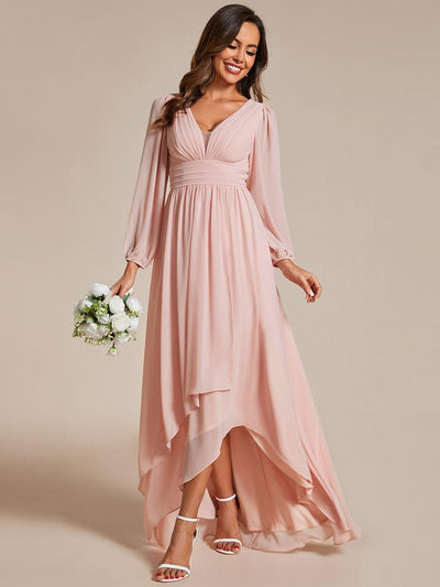 A-Line Pleated See-Through Long Lantern Midi Chiffon Bridesmaid Dress #color_Pink