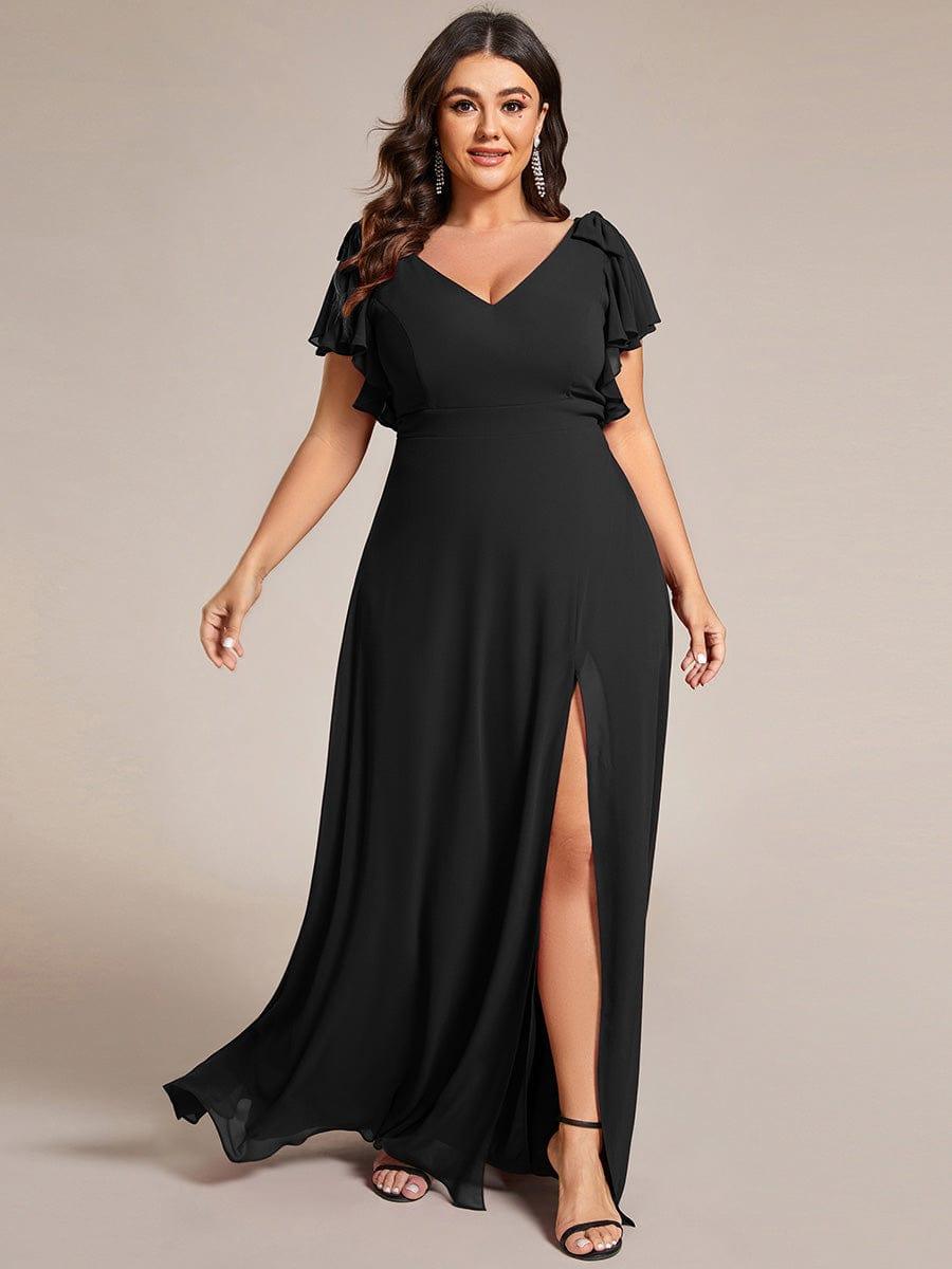 Short Sleeves with Bowknot High Front Slit A-Line Chiffon Bridesmaid Dress #color_Black