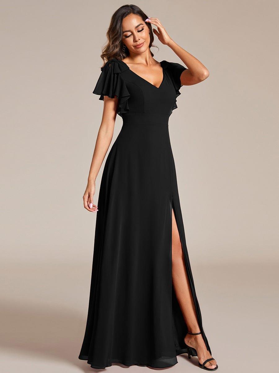 Short Sleeves with Bowknot High Front Slit A-Line Chiffon Bridesmaid Dress #color_Black