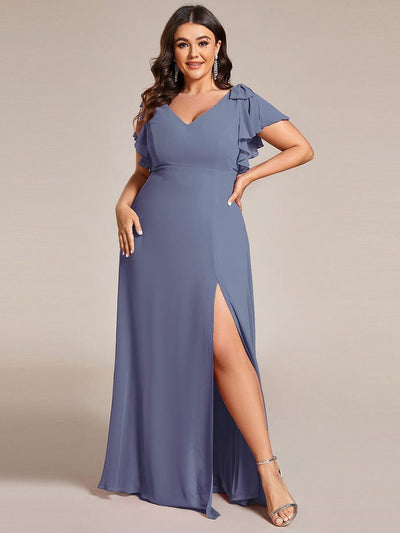 Plus Size Split Ruffles Sleeves with Bowknot Double V-neck Chiffon Bridesmaid Dress #color_Dusty Blue